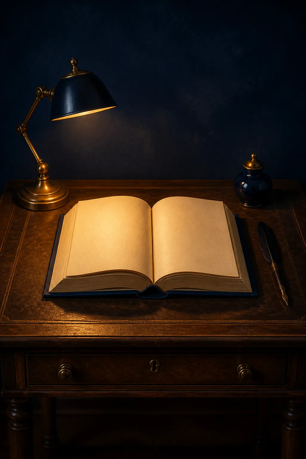 An open book on a writing desk lit by warm lamplight